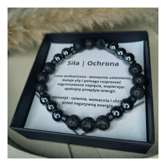 Bransoletka męska ochrona siła hematyt lawa wulkaniczna 8mm talizman
